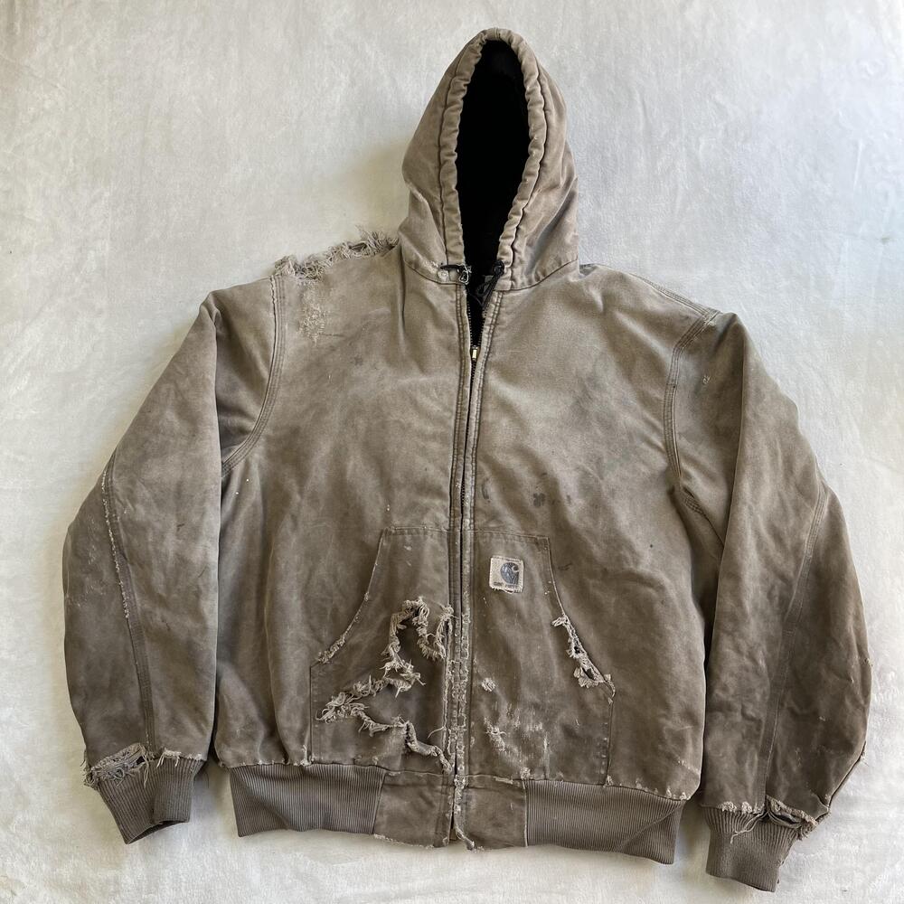 Vintage Carhartt Jacket Mens Large Brown Canvas Hooded Quilted Distressed USA